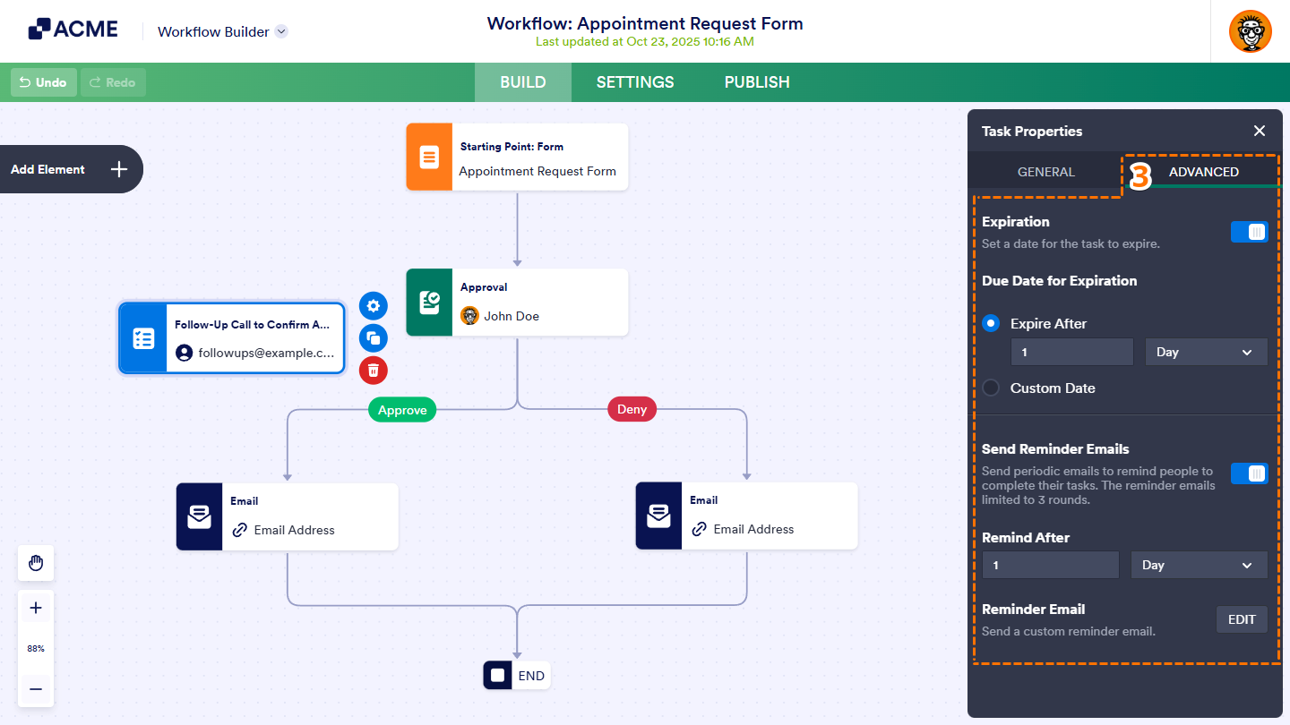Properties under the Advanced Tab of the Task Properties in Workflow Builder