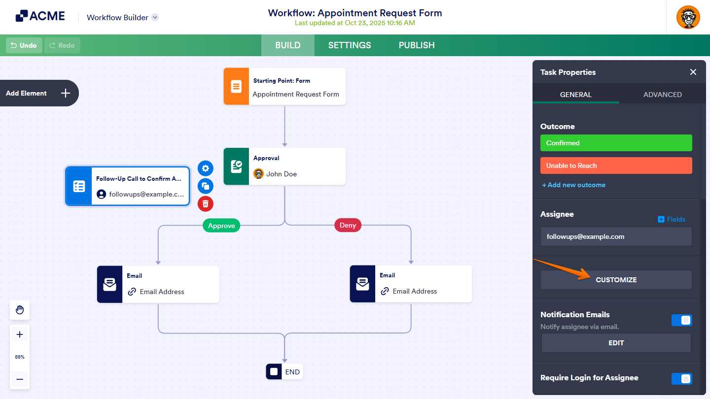 Customize button of an outcome under the General Tab of the Task Properties in Workflow Builder