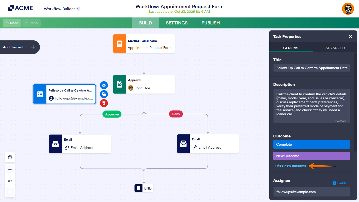 Add New Outcome button under the General Tab of the Task Properties in Workflow Builder