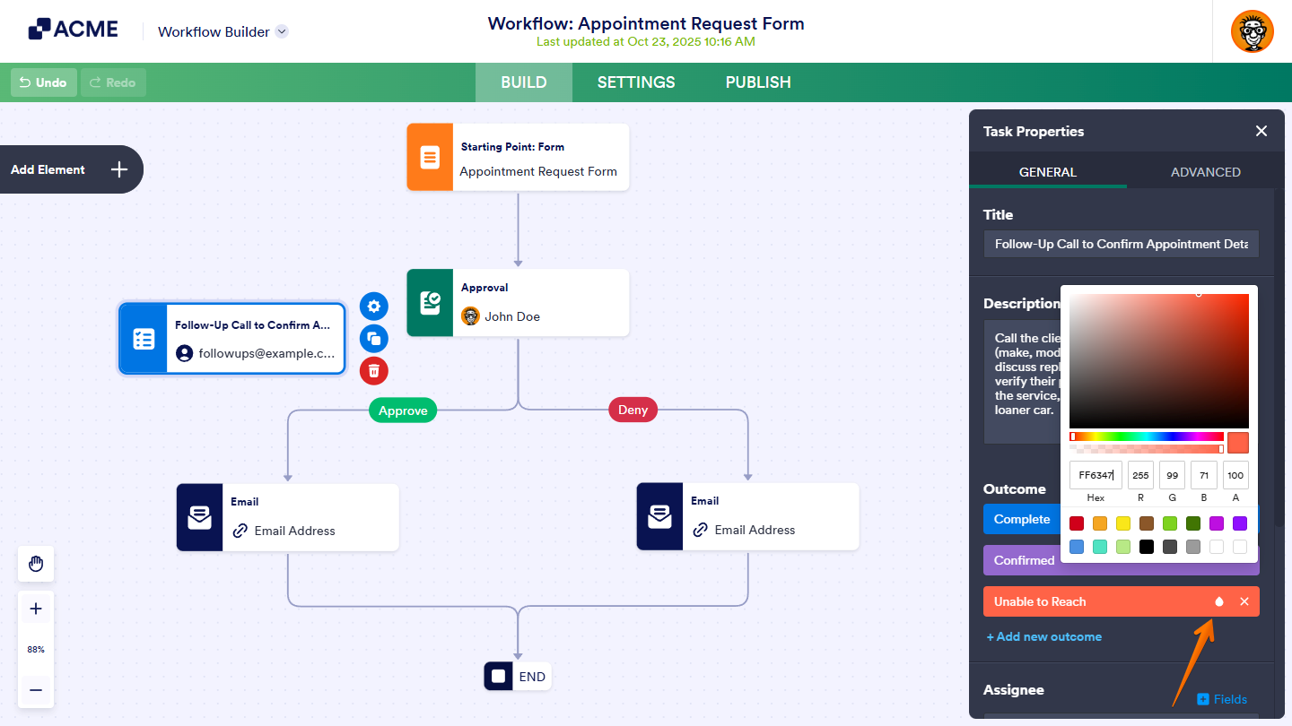 Change Color button of an outcome under the General Tab of the Task Properties in Workflow Builder