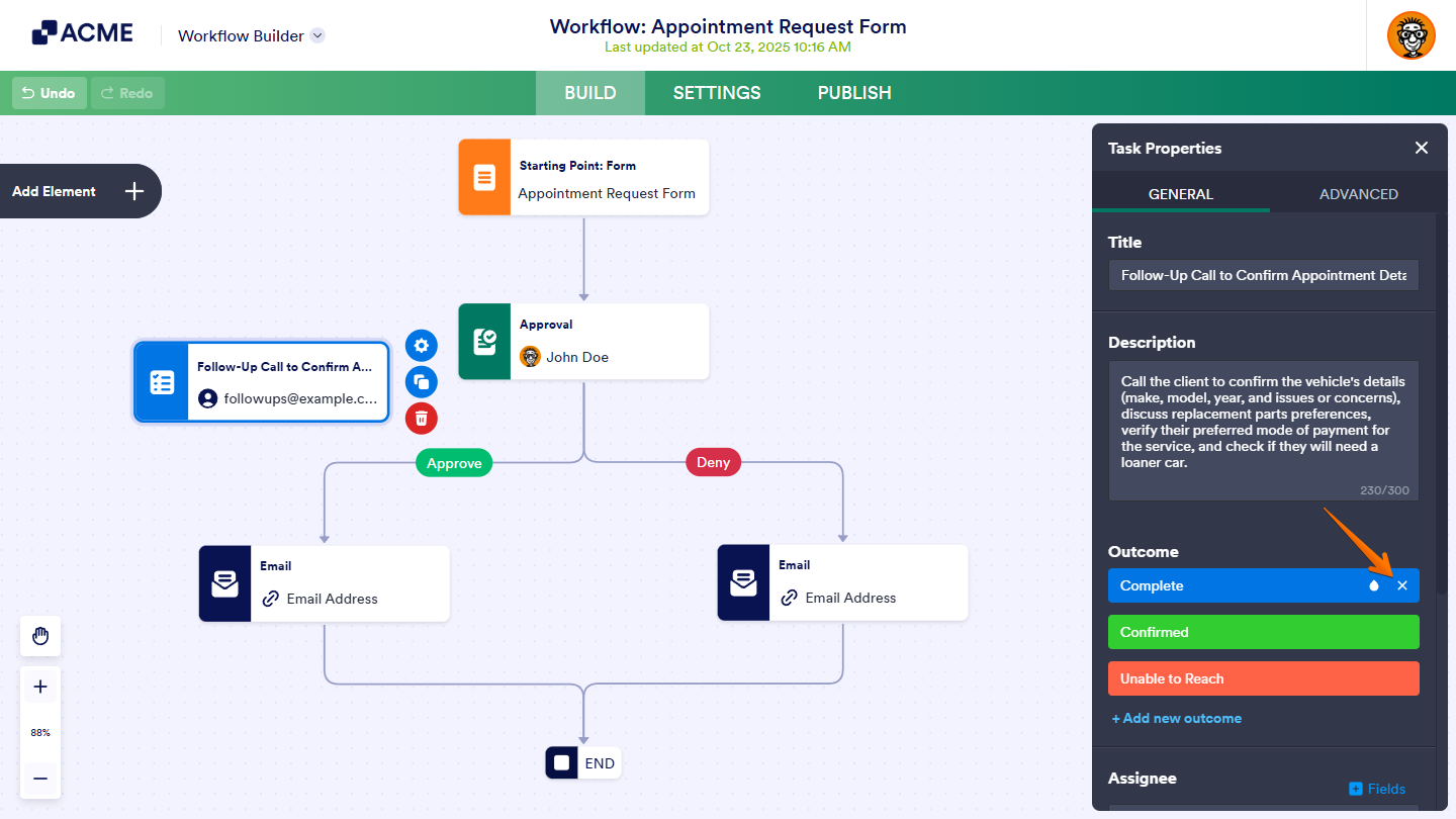 Delete button of an outcome under the General Tab of the Task Properties in Workflow Builder