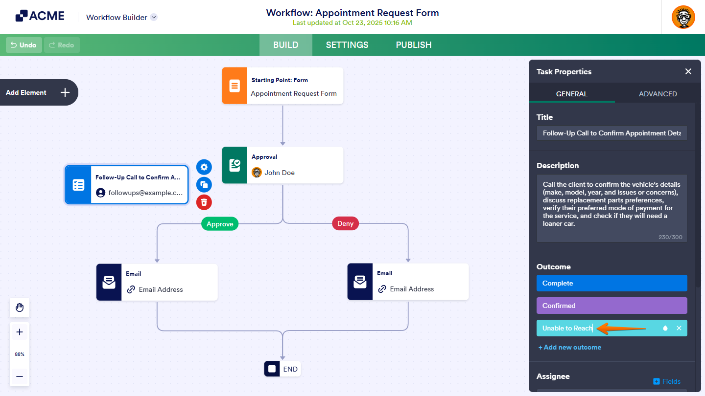 Renaming an outcome under the General Tab of the Task Properties in Workflow Builder