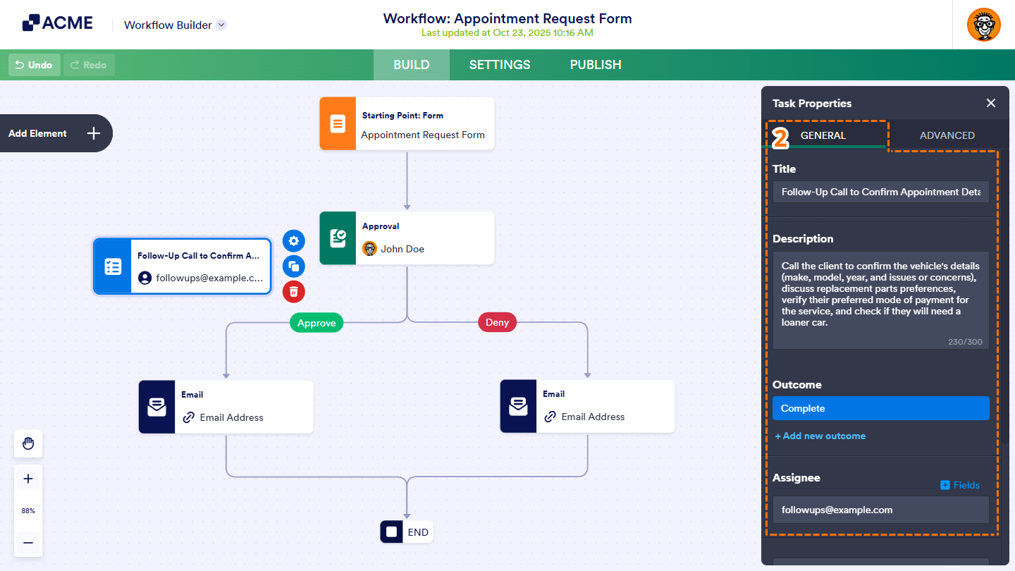 Properties under the General Tab of the Task Properties in Workflow Builder
