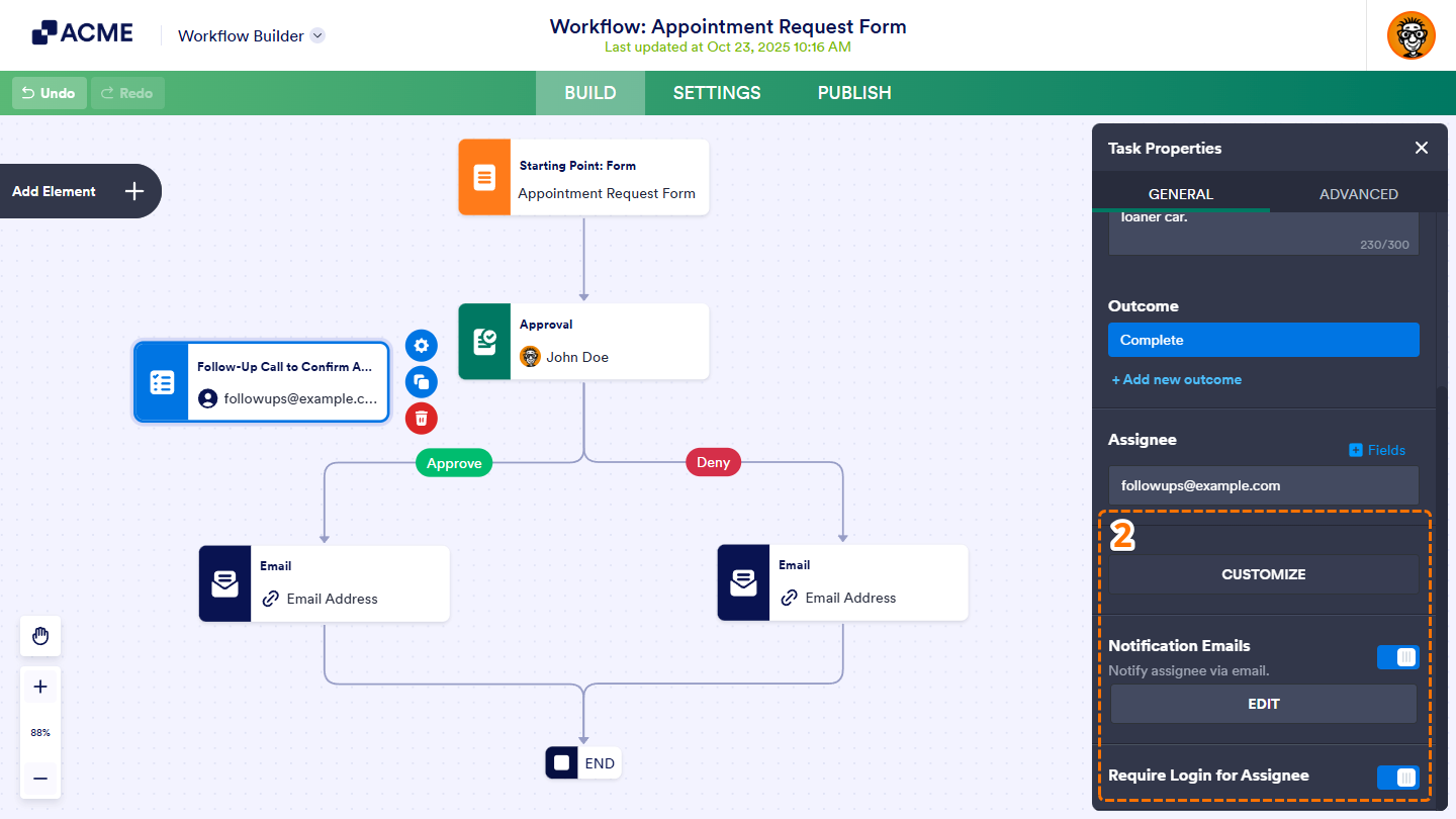 Additional properties under the General Tab of the Task Properties in Workflow Builder