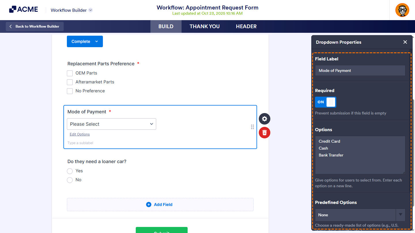 Properties of a field in the Properties menu in the Task Response Form Builder of the Workflow Builder