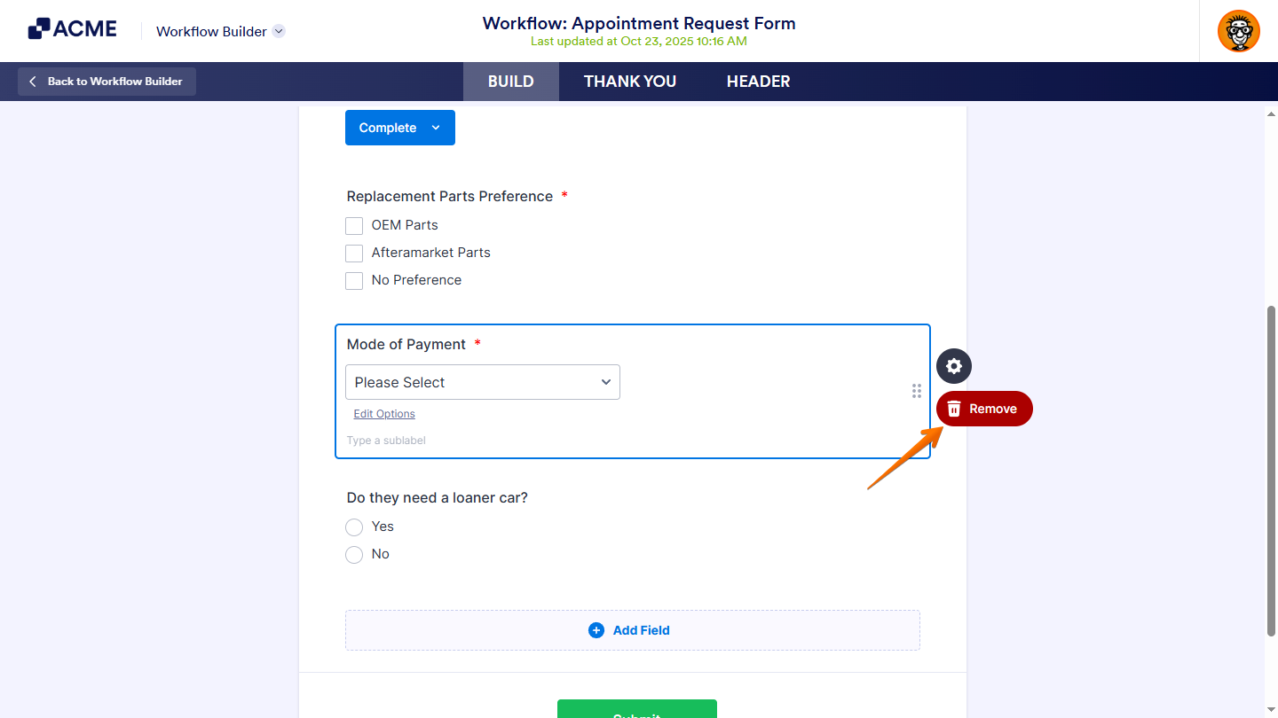Remove button of a field in the Task Response Form Builder of the Workflow Builder