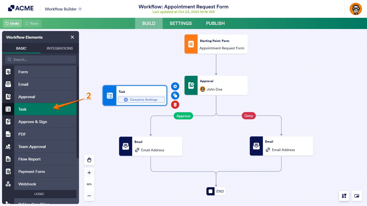 Task element under the Basic tab of the Workflow Elements menu in Workflow Builder