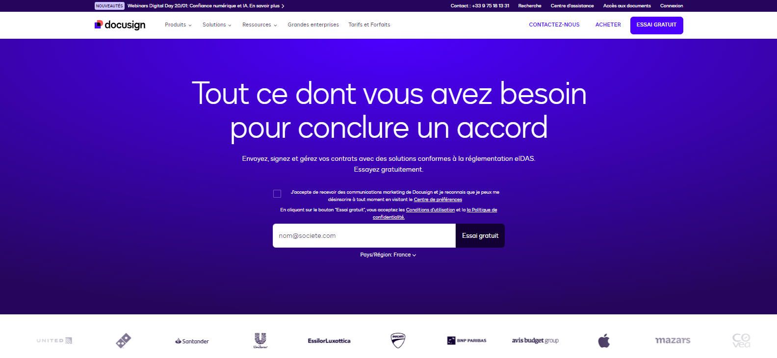 Capture d'écran de la page d'accueil du site docusign en français