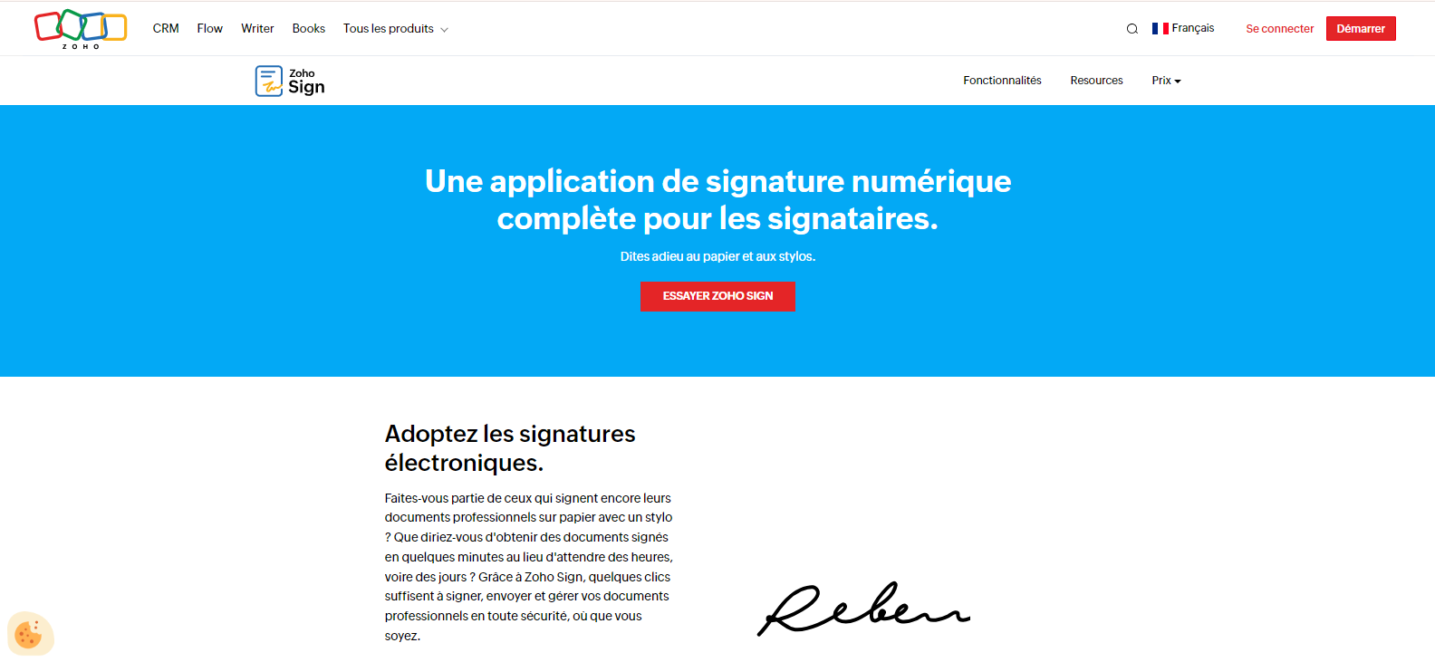 Capture d'écran de la page d'accueil du site web de Zoho Sign