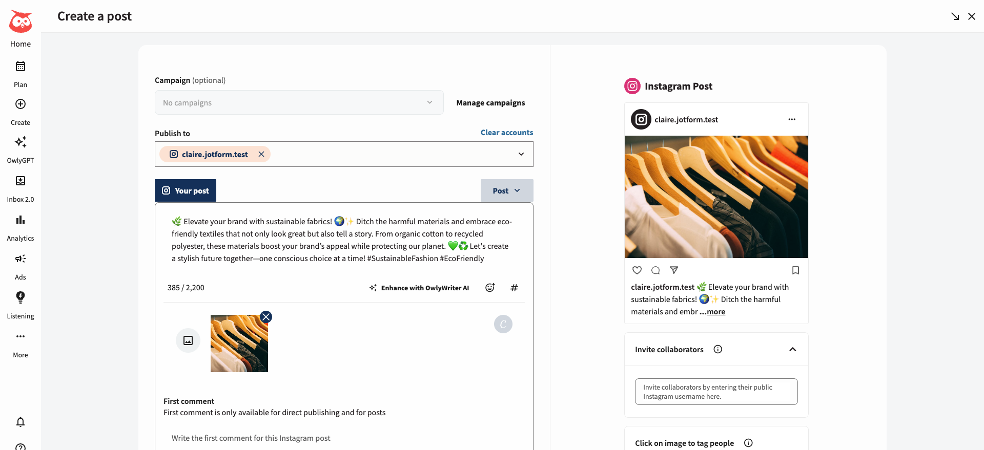 Hootsuite Instagram Post Creation Page