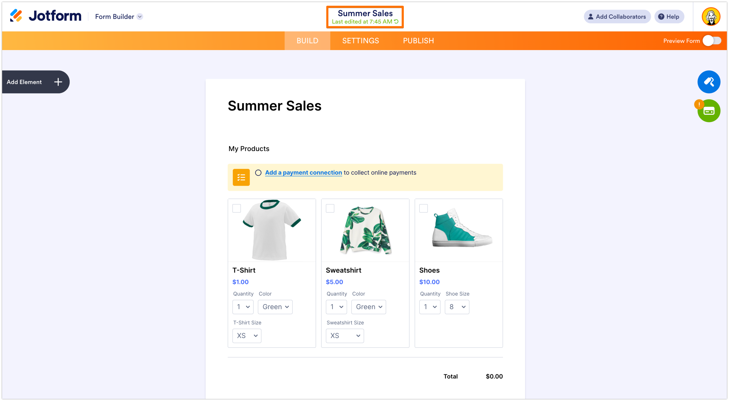 Summer Sales Form with a Product List Field
