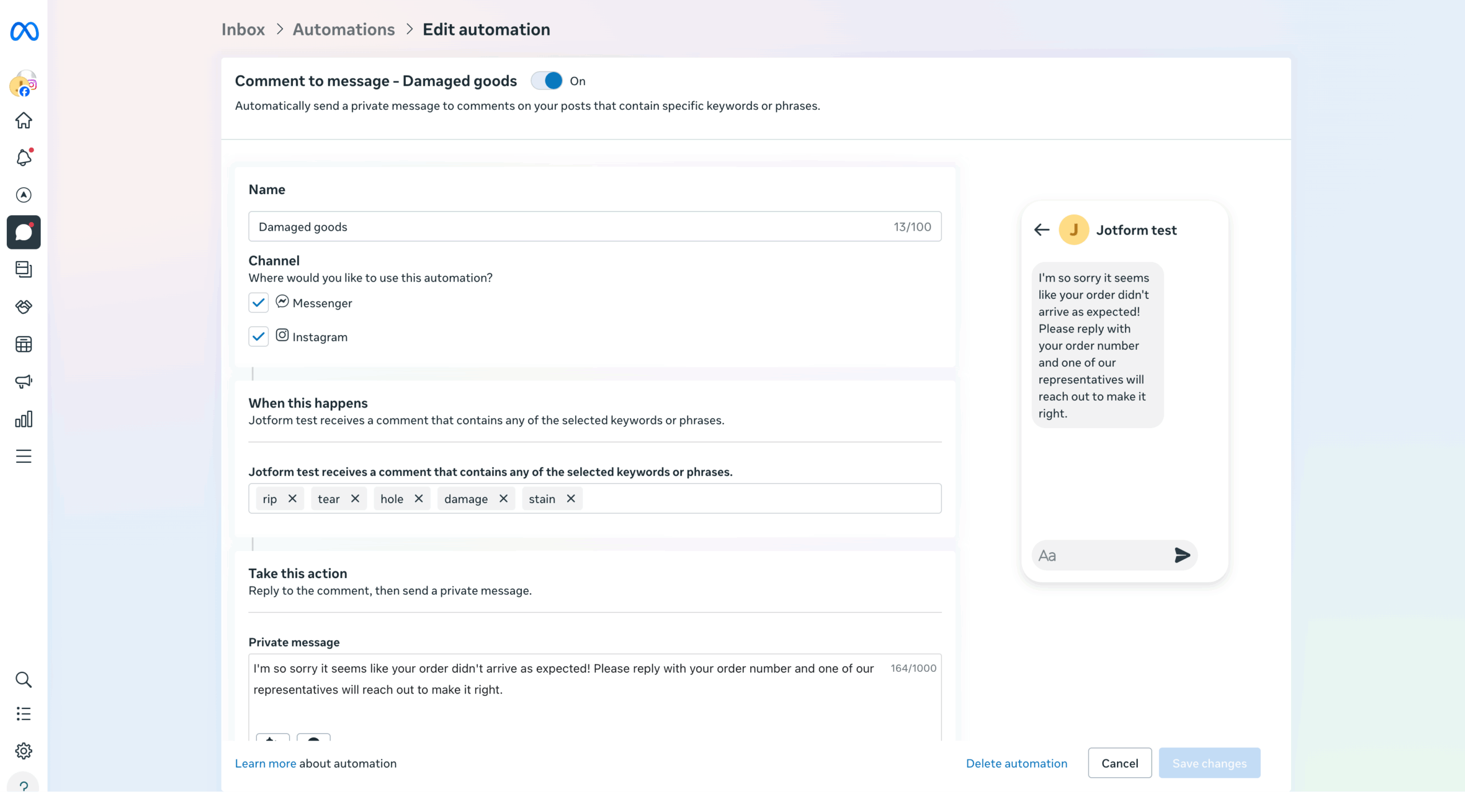 Meta Business Suite Automation Editing Page