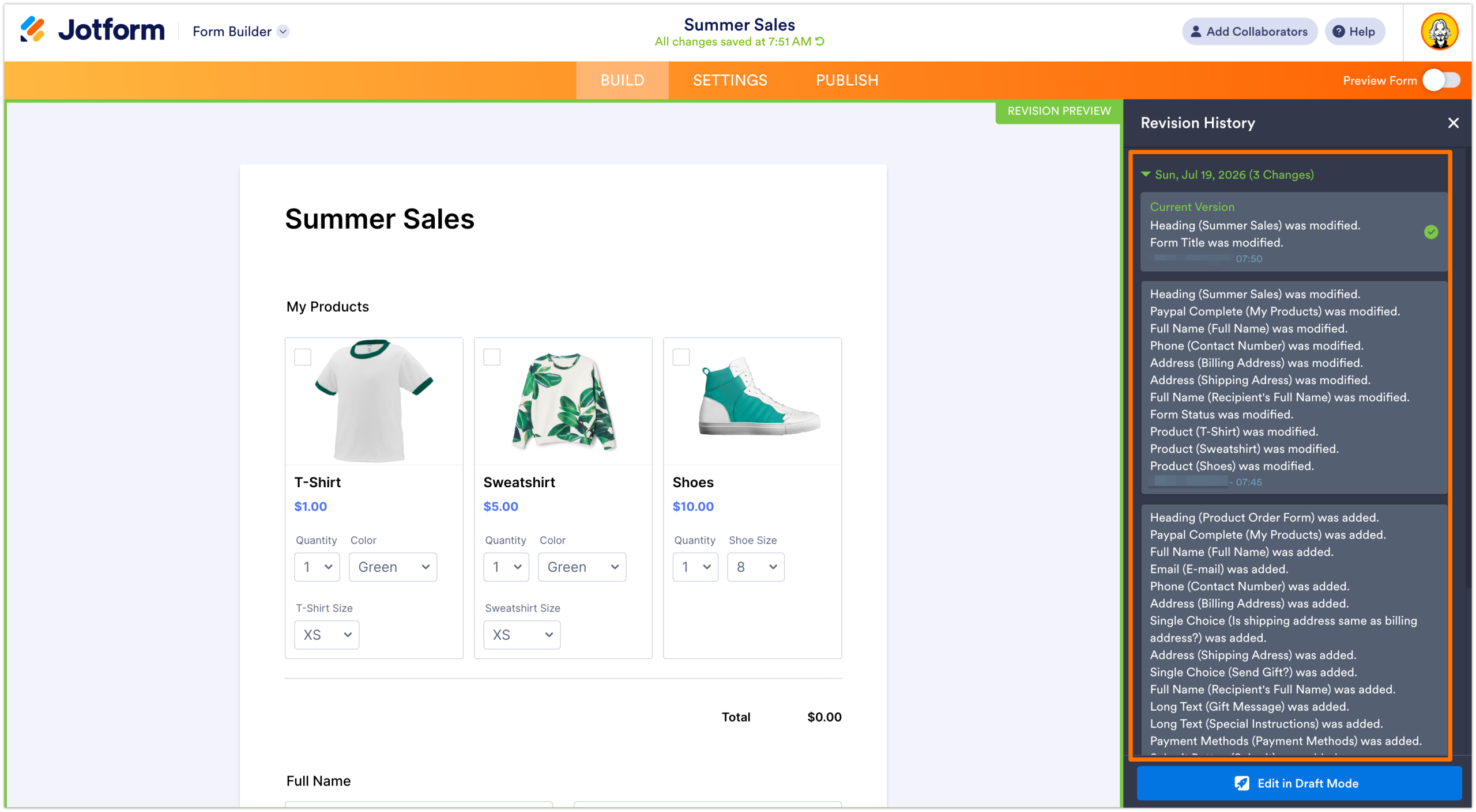 Summer Sales Form with a Product List Field Revision History Panel