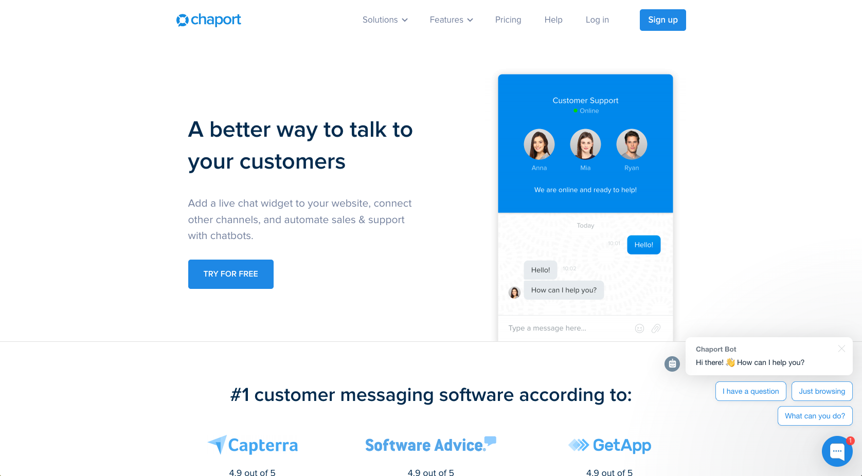 Screenshot of the Chaport website landing page showing the headline – featured in the Noupe