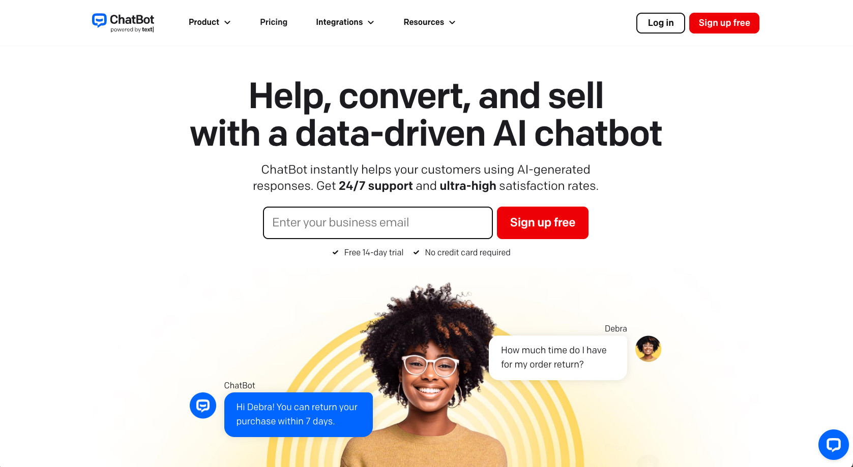 Screenshot of the ChatBot website landing page showing the headline – featured in the Noupe