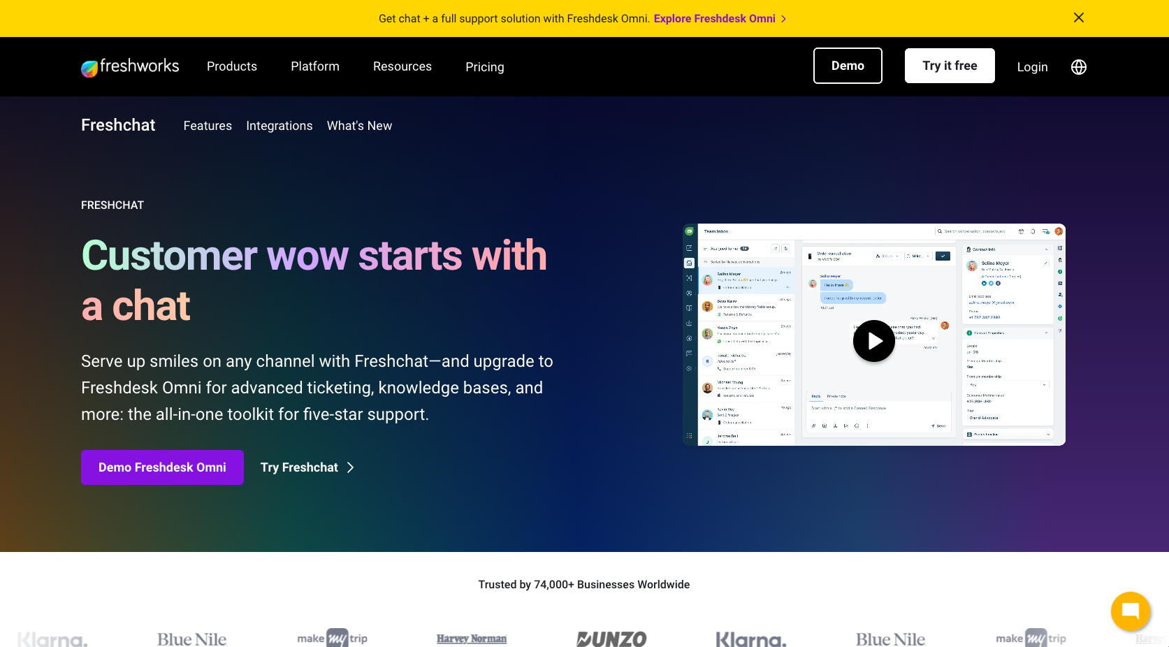 Screenshot of the Freshchat website landing page showing the headline – featured in the Noupe