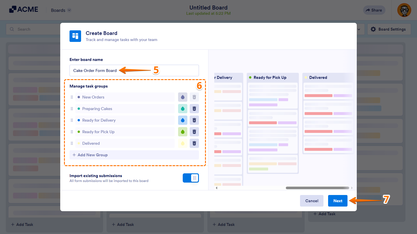 Enter Board Name and Manage Task Groups sections in Create Board window on Boards page