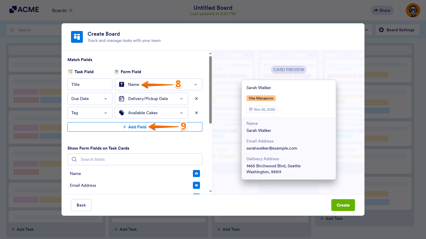 Match Fields section in Create Board window on Boards page