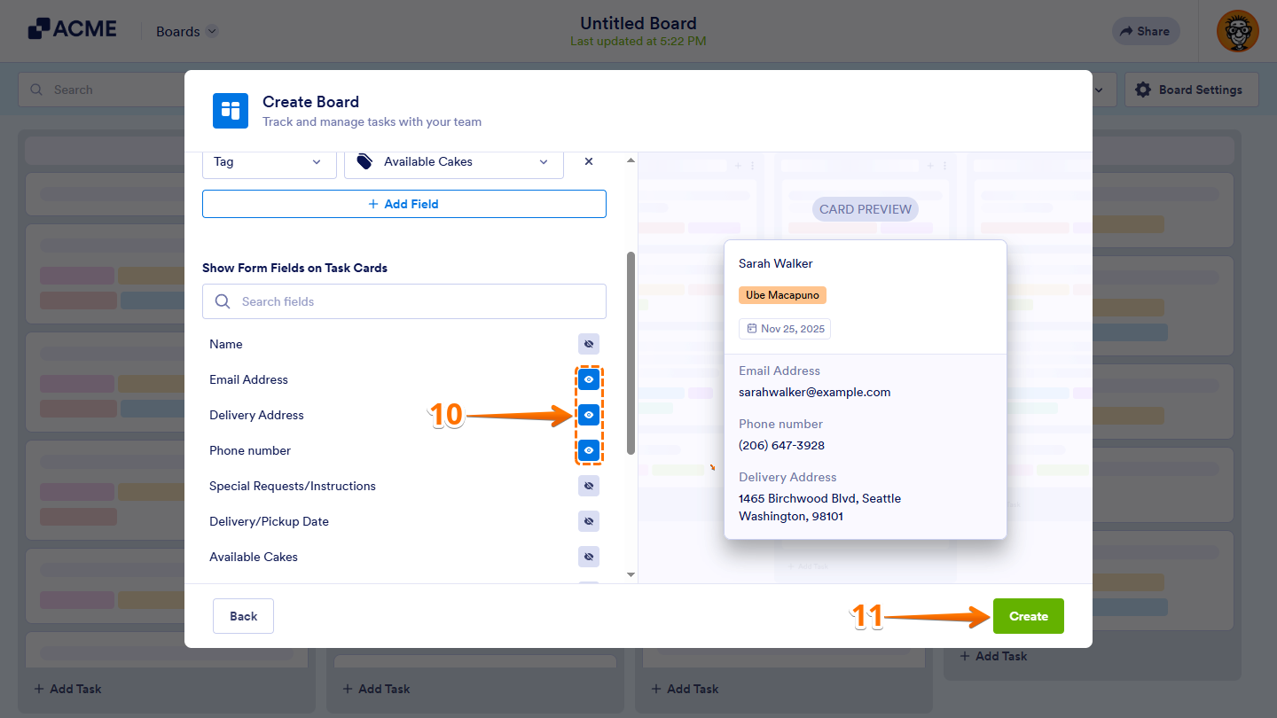 Show Form Fields on Task Cards section in Create Board window on Boards page