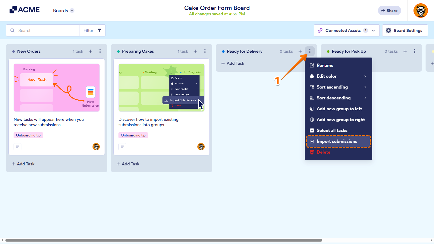 Import Submissions option in a sample Group menu on Boards page