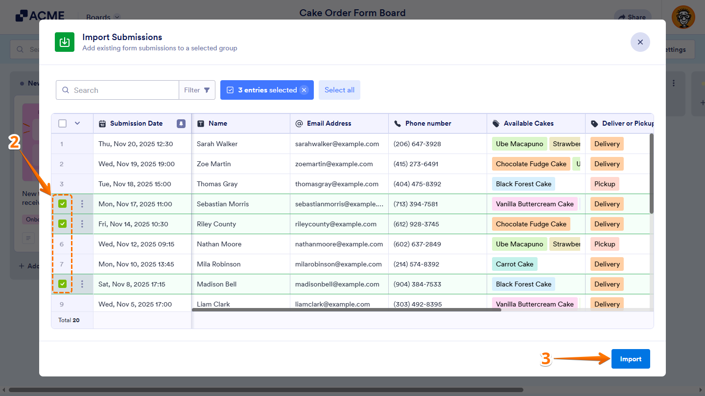 Selected submissions and Import button in the Import Submissions window on Boards page