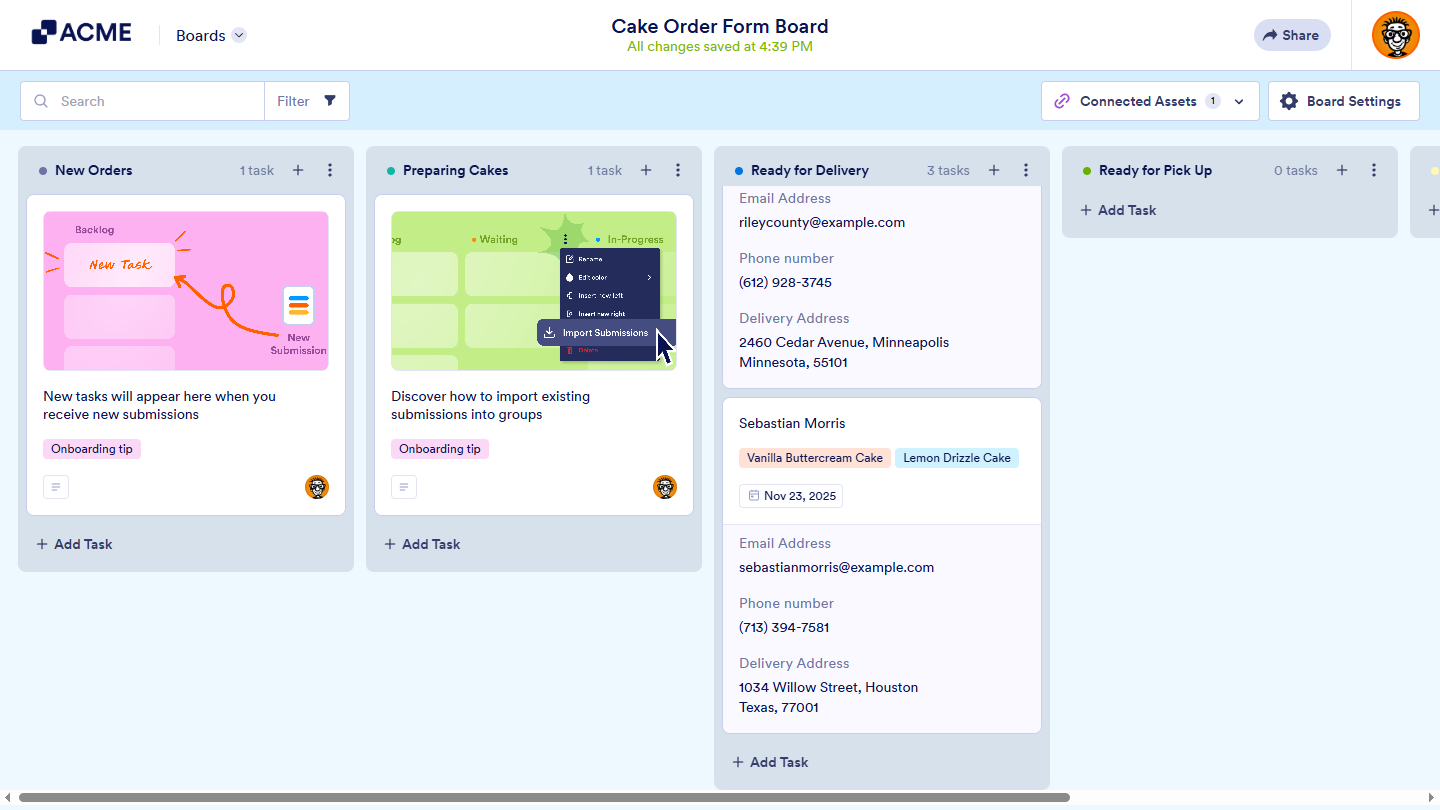 imported form submissions under a group on Boards page