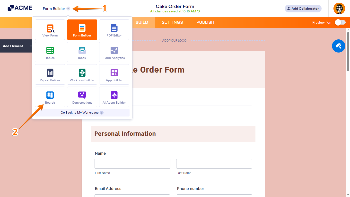 Boards option in the App Picker menu in Form Builder