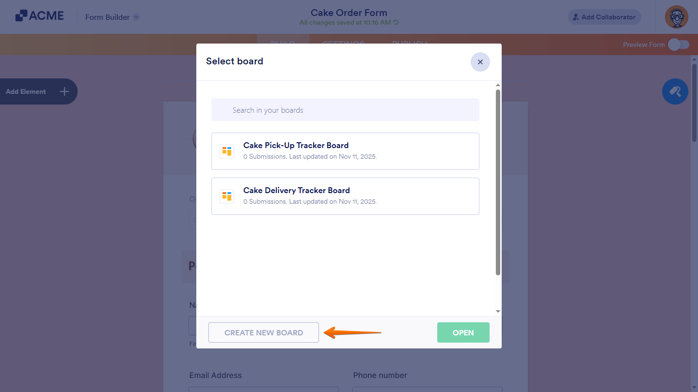 Create New Board button of the Select Board window in Form Builder