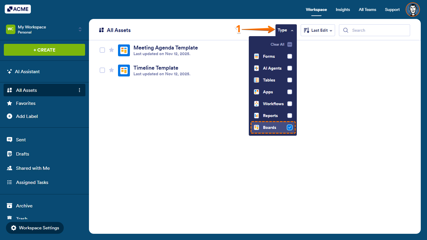Workspace page filtered with Boards