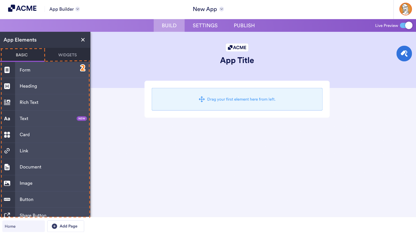 Click or drag an element from the Basic tab in the App Elements menu to add it to your app layout