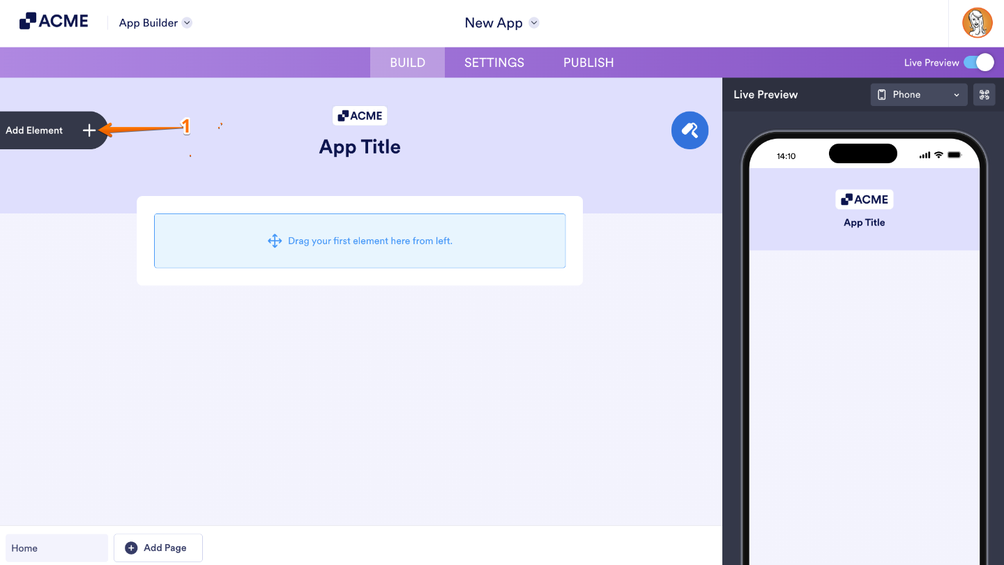 Access the Add Element menu in App Builder from the left panel to insert new elements into your app