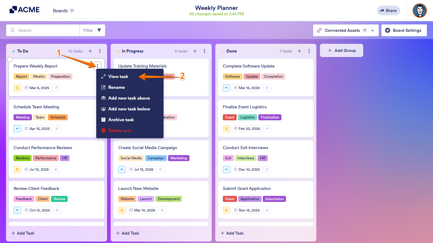 Boards showing a task with the Three Dots icon clicked, opening the option to View Task for assigning it to team members