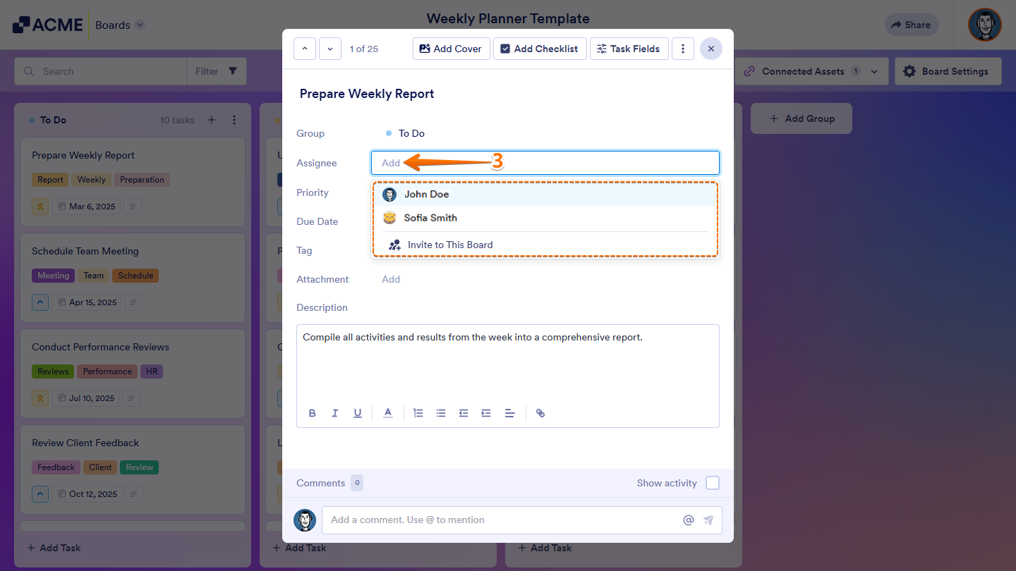 Task window on Boards with the Assignee field highlighted, showing a dropdown to select an existing team member