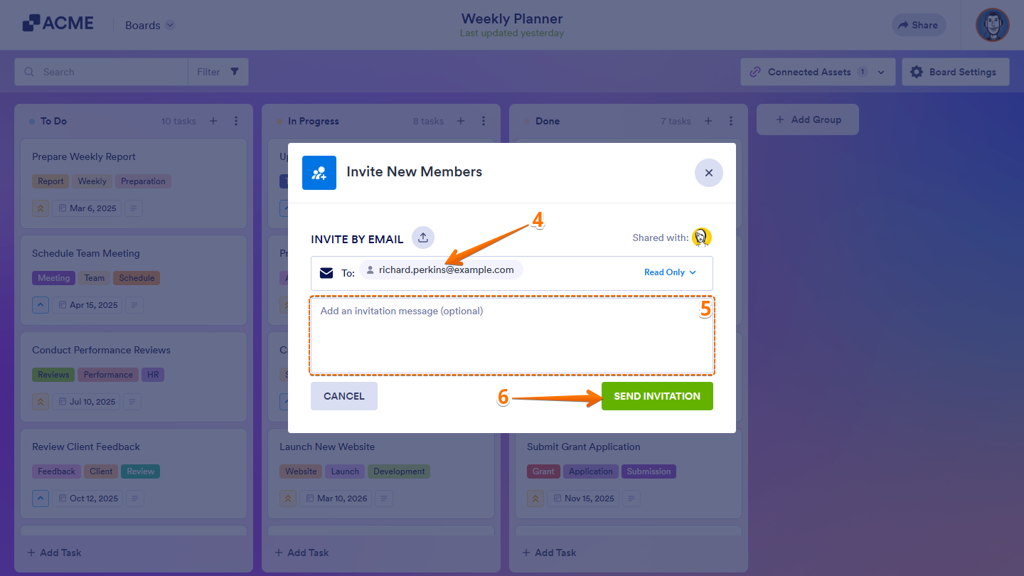 Boards invitation window with Recipient field for email entry, an optional Invitation Message box, and the Send Invitation button highlighted
