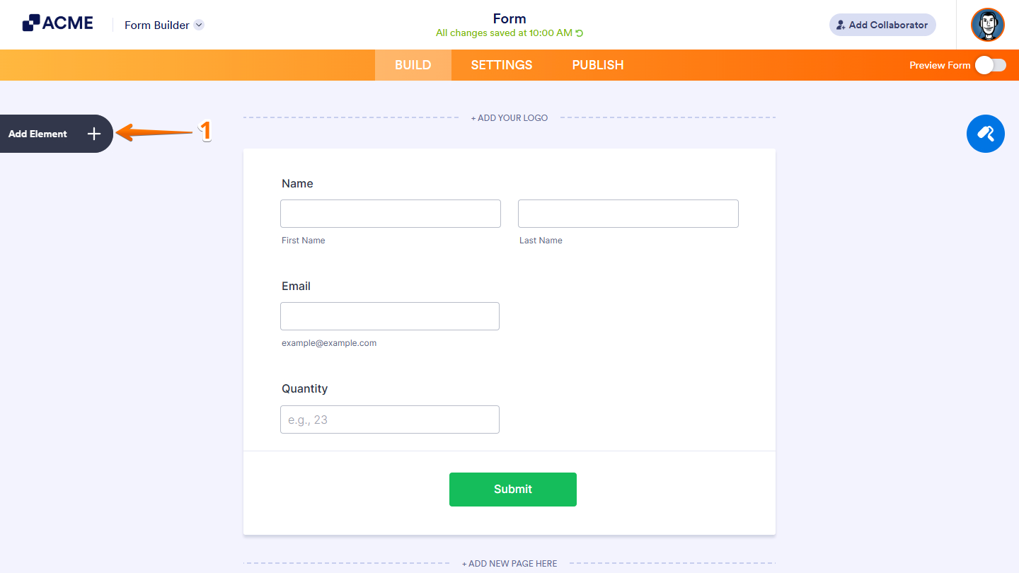 Add Element button in the Form Builder