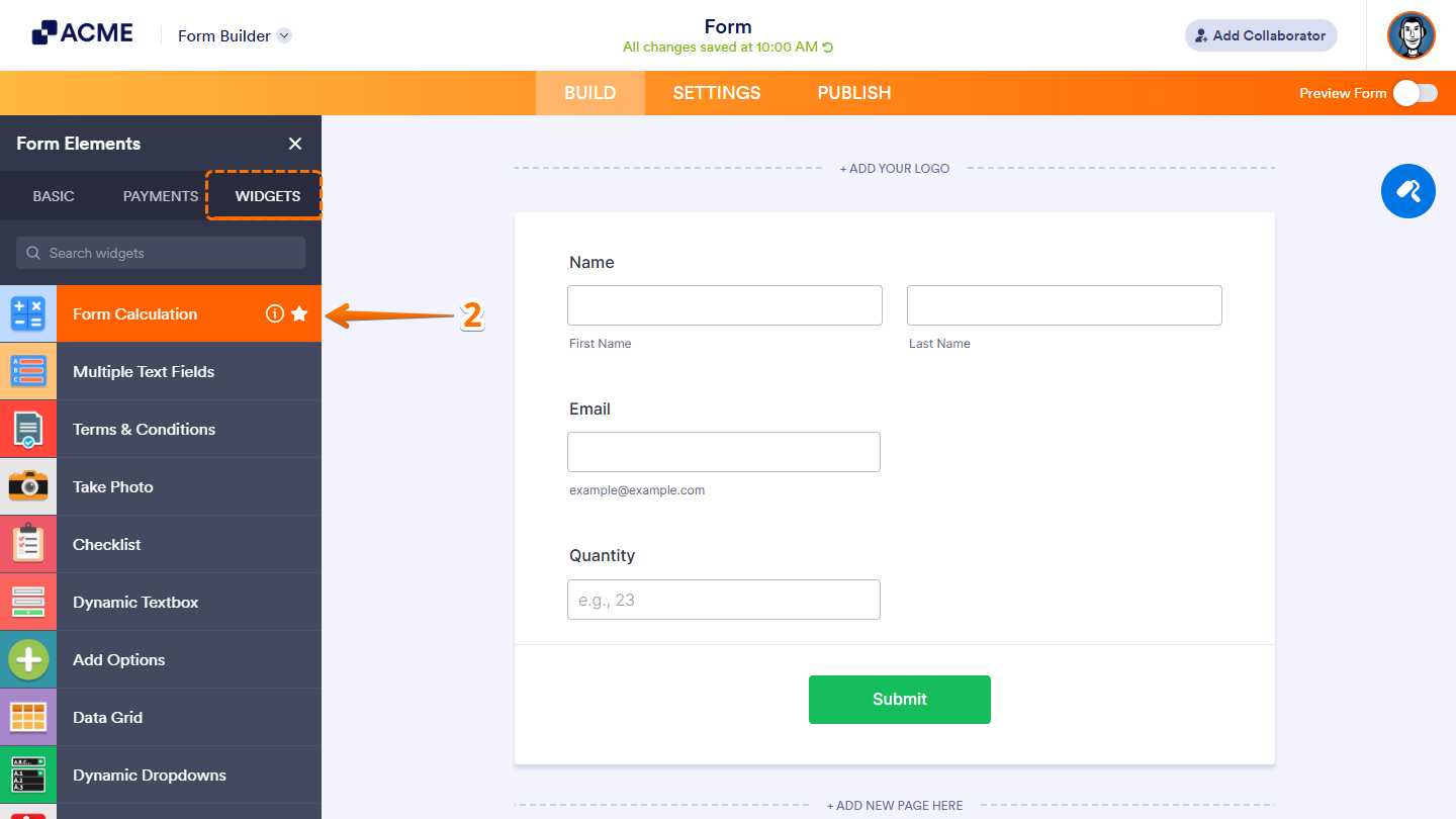 Form Calculation widget in the Widgets tab of the Form Builder