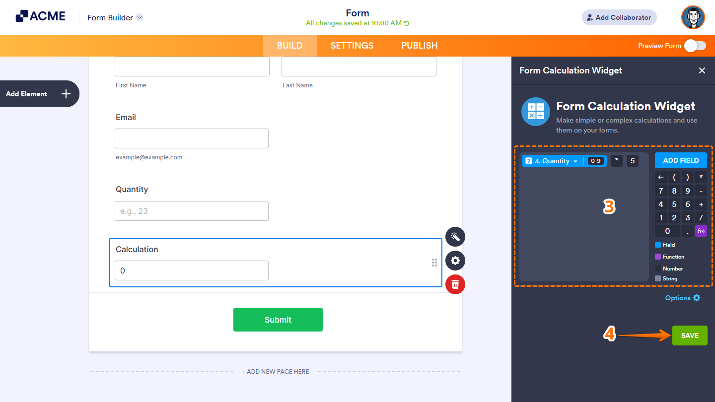 Form Calculation Widget settings menu