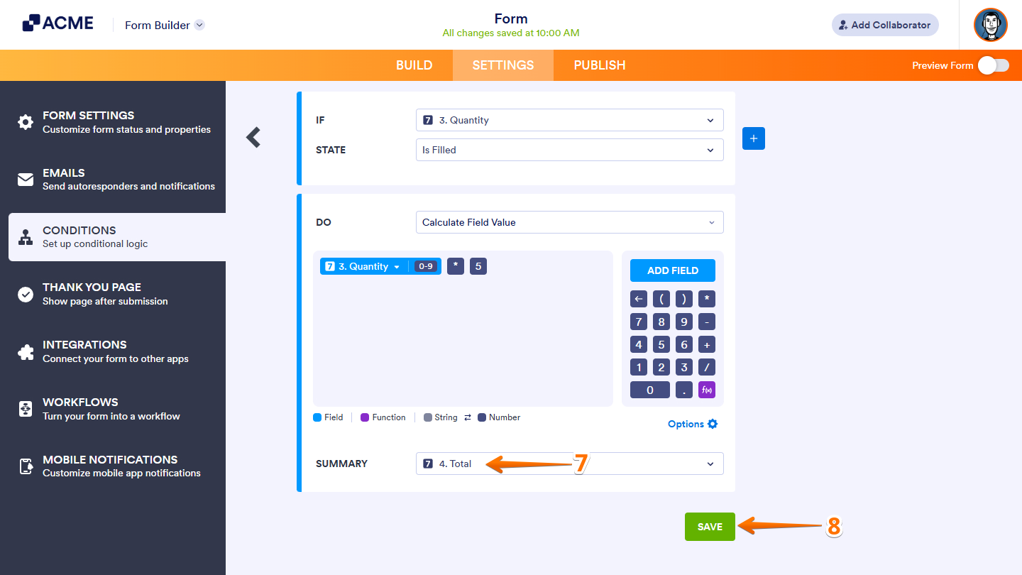 Summary dropdown menu and Save button in the Update/Calculate Field condition settings