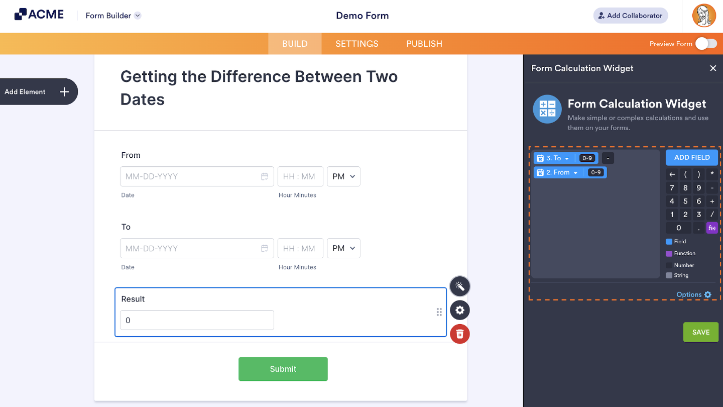 Form Calculation Widget example showing how to subtract two Date Picker fields to calculate the number of days between dates