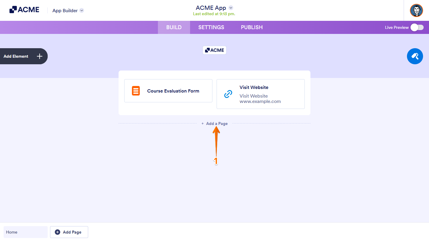 App Builder interface with the Add a Page button at the bottom for creating a new page in a multipage app