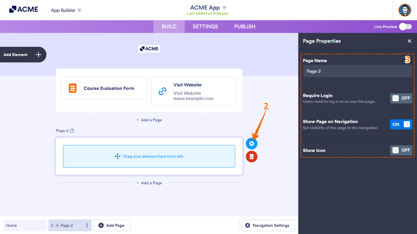 Page Properties window in App Builder showing options to set Page Name, Require Login, Show Page on Navigation, and Show Icon for a newly added app page
