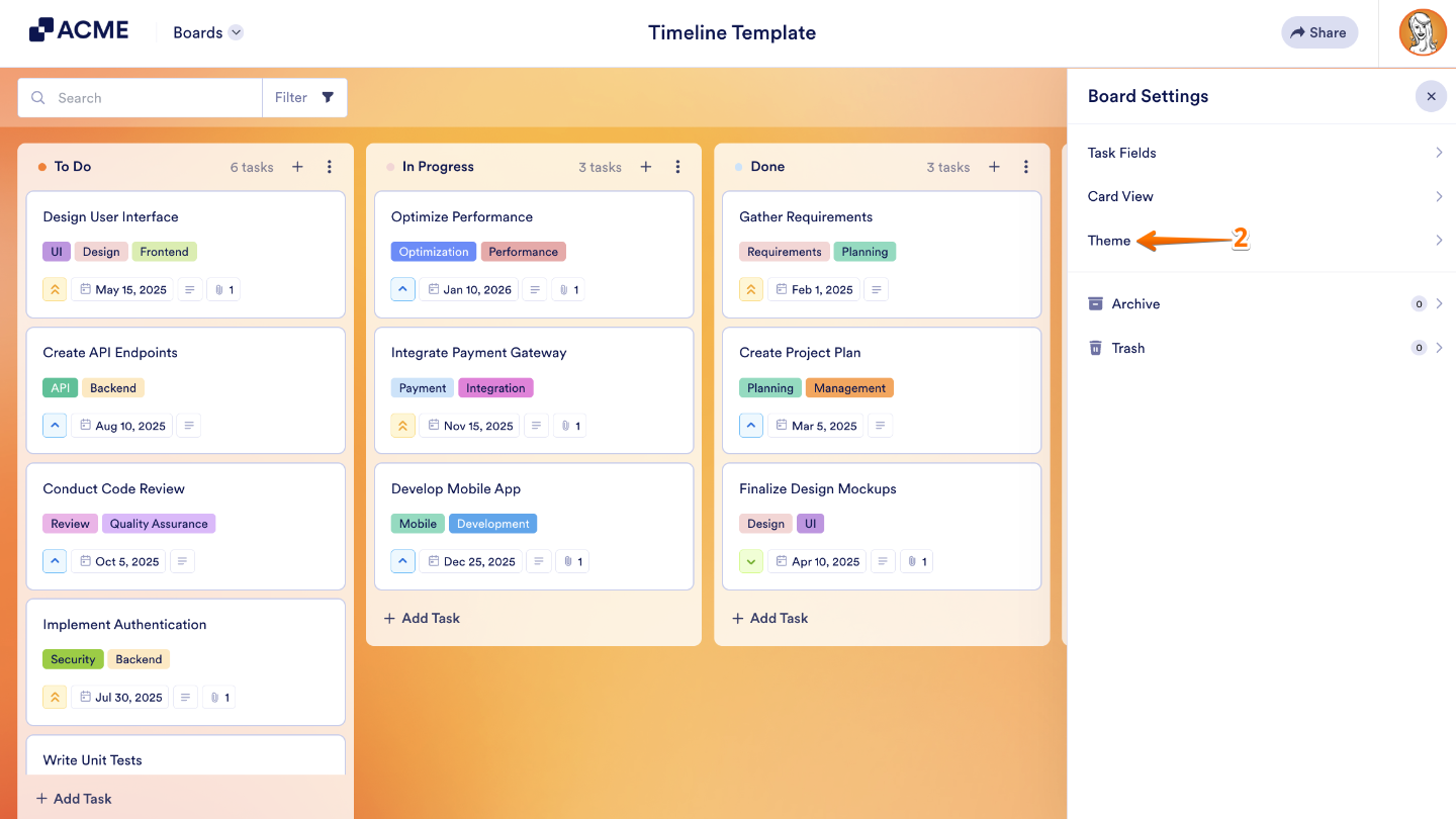 Board settings menu showing the Themes option highlighted
