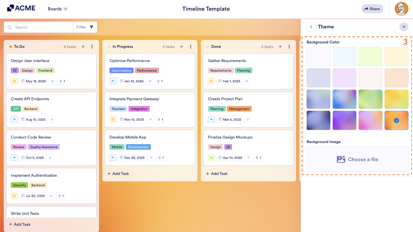 Board theme settings showing preset background color options and the Choose a File upload button