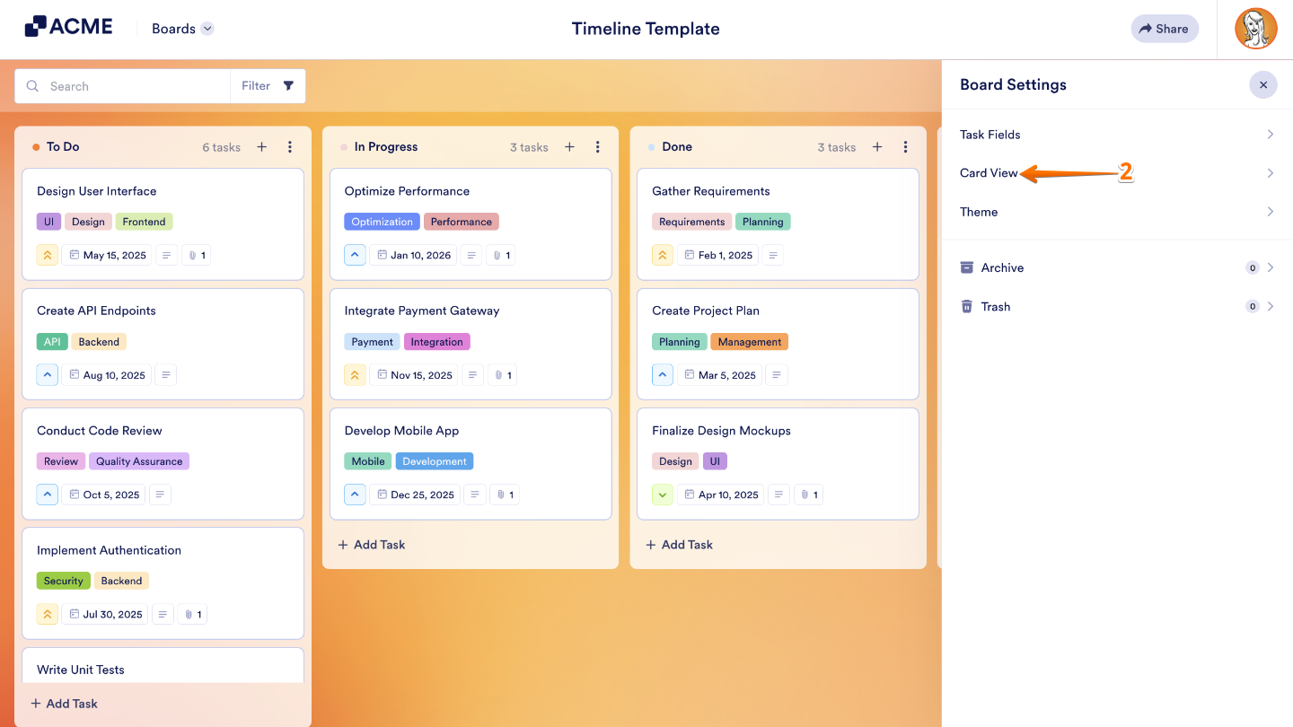 Board menu with the Card View option highlighted