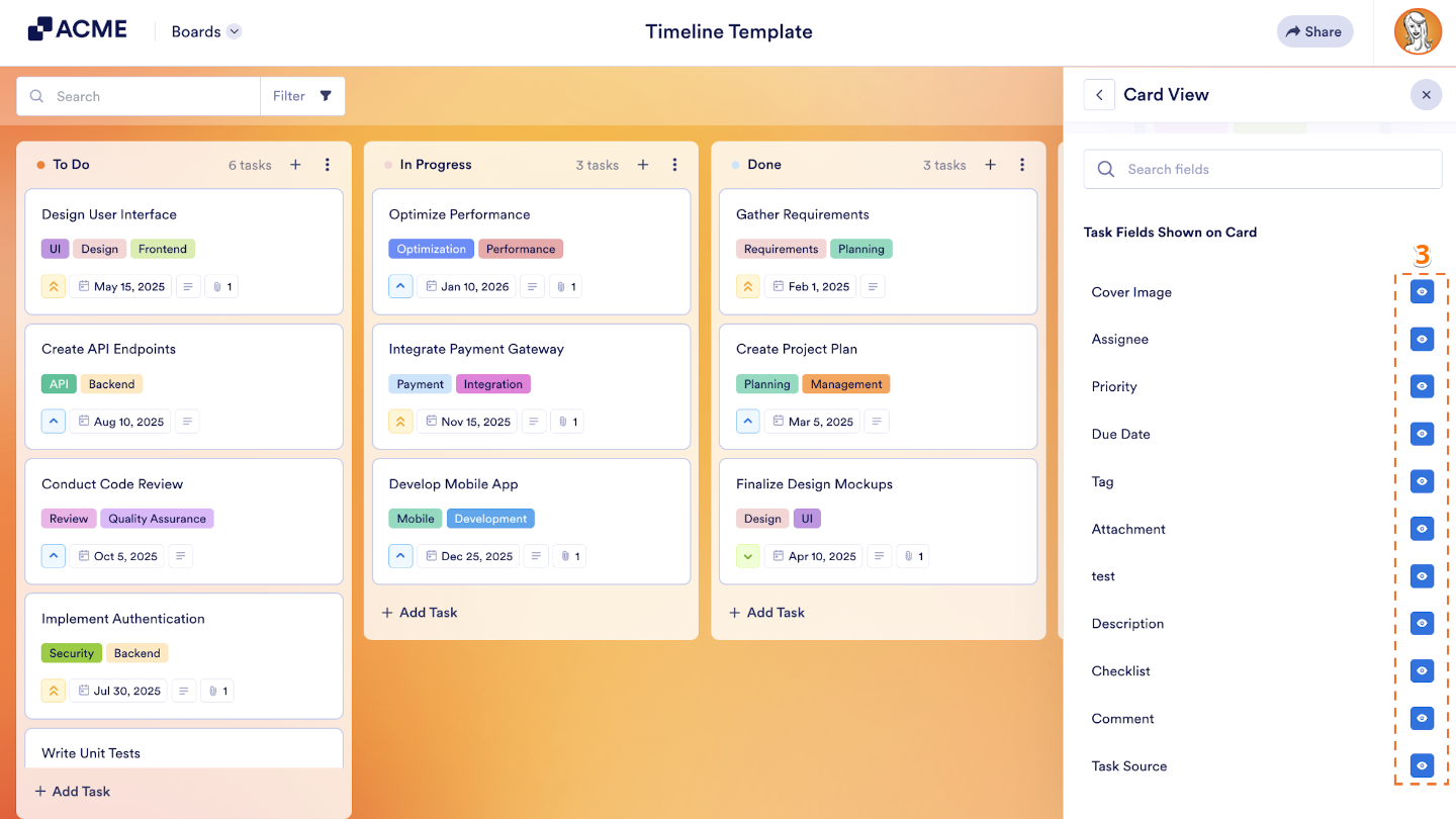 Board showing the Eye icon used to hide or display a task field