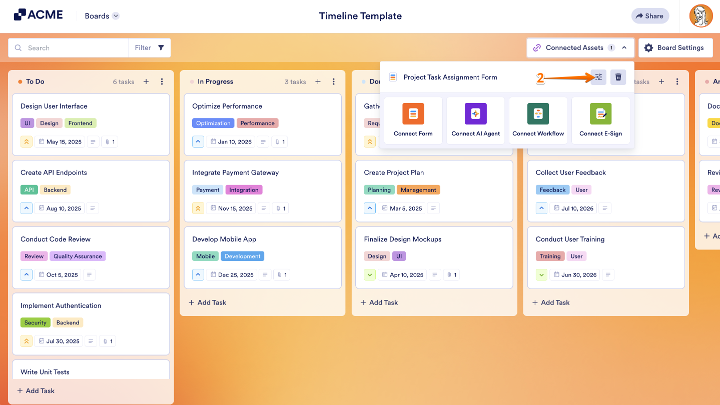 Boards menu with the Slider Icon highlighted for customization options