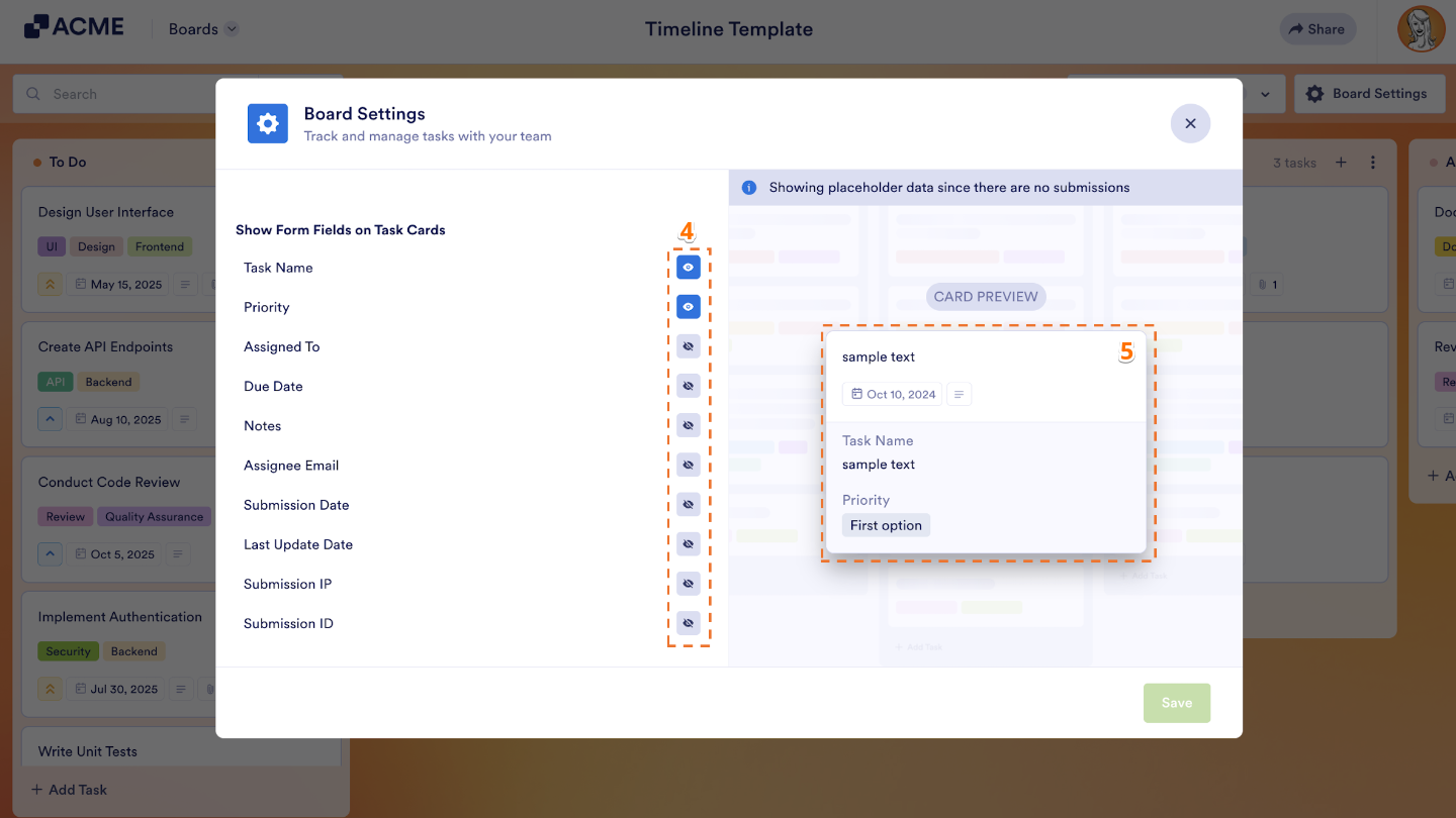 Toggle visibility of task fields on Board cards using the Eye icon and preview the updated card layout