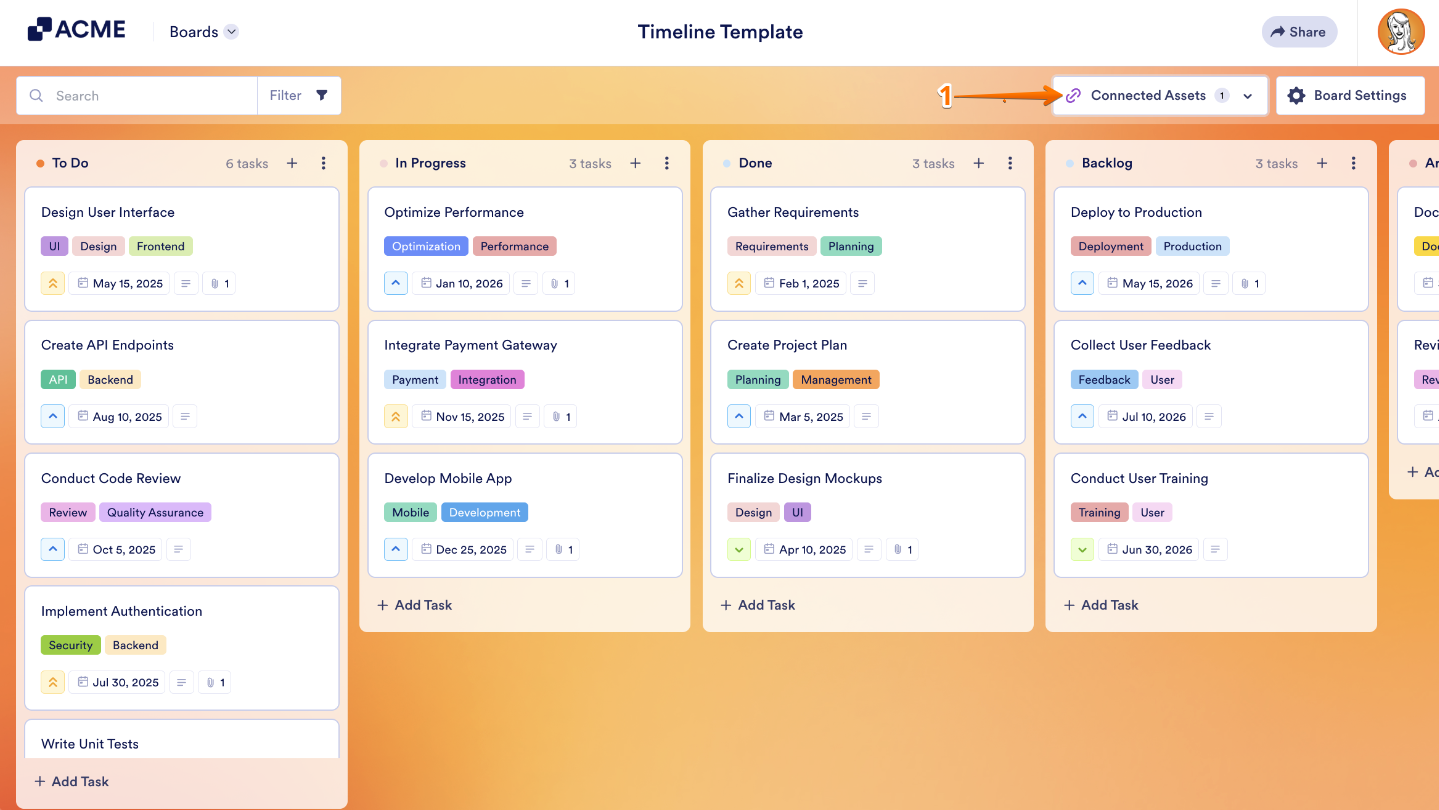 Boards interface showing the Connected Assets option in the top menu