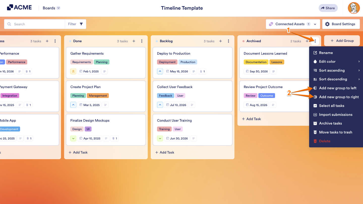 Open the group options menu by clicking the Three Dots icon, then choose where to insert a new group on your Board