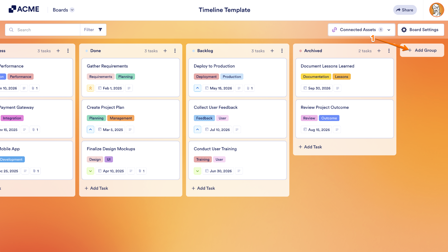 Click the "+ Add Group" button on the top-right of your Board to create a new group